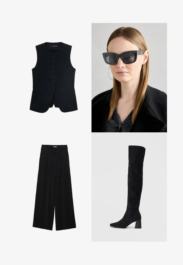 Gilet nero senza maniche con scollatura rotonda, caratterizzato da una chiusura frontale a bottoni e due tasche laterali. Tessuto liscio con vestibilità sartoriale.; Top nero a maniche lunghe con dettaglio di tessuto arricciato sul davanti e ai polsi, realizzato in materiale morbido ed elasticizzato con scollatura a barca.; Pantaloni neri a gamba larga caratterizzati da un tessuto testurizzato, una vita elastica e una cintura staccabile per una vestibilità regolabile.; Stivale in suede nero alto fino al ginocchio con tacco a blocco, punta affusolata e design liscio e senza cuciture su uno sfondo chiaro e semplice.; Occhiali da sole a forma di occhio di gatto neri con lenti scure, montatura spessa e dettagli sottili. Indossati con un cappotto nero e una maglia grigia, con capelli lunghi e lisci.