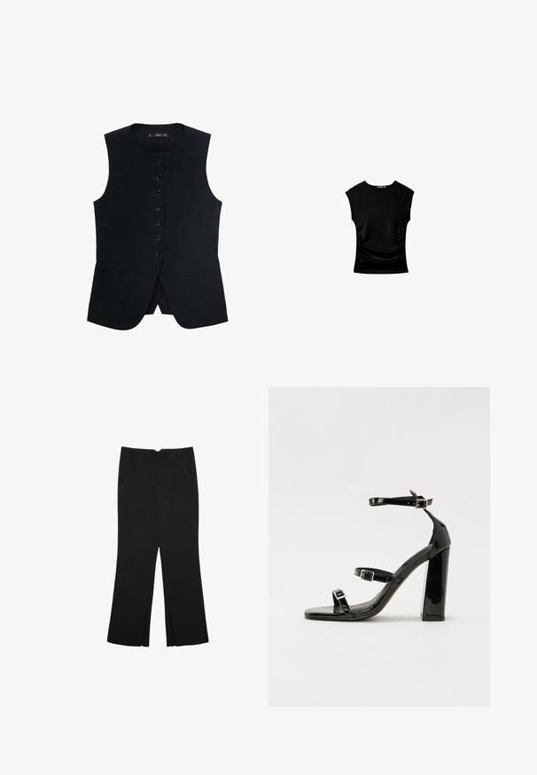 Svart ärmlös väst med rundad halsringning, med en framknäppning och två sidofickor. Slät tyg med en skräddarsydd passform.; Svart kortärmad topp med en figurnära silhuett, med insläppta sidsömmar och ett mjukt, elastiskt tyg för komfort.; Svarta byxor med rak passform, utrustade med framfickor och sidoklyvningar vid fållen. Tillverkade av mjukt, slätt tyg. Lämpliga för olika tillfällen.; Svarta lackerade klacksandaler med fyrkantig tå, ankelremmar och silverfärgade spännen. Har en kraftig blockklack för stabilitet.