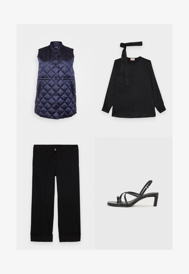 Jūras spēku kviltots veste ar stāvo apkakli, priekšējiem pogām un sānu kabatām. Izveidota no spīdīga, viegla auduma ar dimanta rakstu.; Melna ilgā piedurkne blūze no gluda auduma, ar pogu aizdari priekšā un saites detaļu ap kaklu. Klasisks apkakles un aproču dizains.; Melnas kokvilnas bikses ar taisnu kāju griezumu, aprīkotas ar priekšējām kabatām, zelta pogas aizdari un rullētām piedurknēm. Gluda tekstūra.; Melnas strappy sandales ar kvadrātveida purngaliem un zemu bloku papēdi. Ievērojamas ar vairākiem plāniem siksniņām un regulējamu potītes siksniņu. Izgatavotas no gludas ādas.