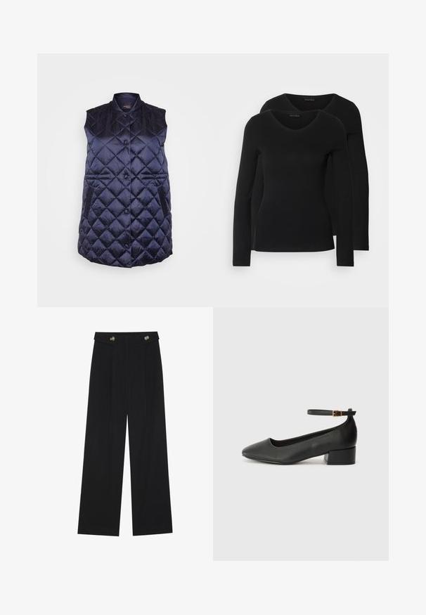 Colete acolchoado azul marinho com colarinho alto, botões frontais e bolsos laterais. Feito de um tecido leve e brilhante com um padrão de diamante.; Duas camisetas pretas de manga longa com design em V, feitas de um tecido macio e elástico, apresentando uma textura suave e um formato ajustado.; Calças largas pretas com cintura alta, detalhes em botão na cintura e pregas frontais.; Sandal de pele preta com bico pontiagudo e um salto bloco baixo. Apresenta uma tira no tornozelo com uma fivela em tom dourado. Textura suave.