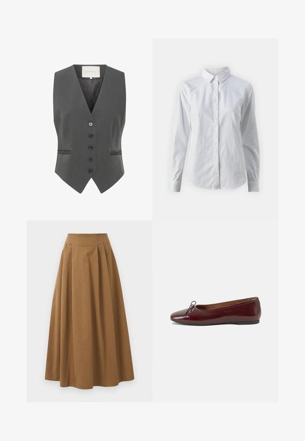 Šedá vesta s výstrihom do V, disponujúca šiestimi gombíkmi, dvoma vreckami a hladkou textúrou. Vyrobená z prispôsobeného materiálu pre štruktúrovaný strih.; Biela košeľa s gombíkmi vyrobená z hladkej bavlny, s klasickým golierom, dlhými rukávmi a zakriveným lemom. Gombíky sú malé a biele.; Hnedá bavlnená sukňa A-línie s vysokým pásom, so skladmi vpredu a hladkou textúrou. Hranice sú čisté a jednoduché.; Burgundské lakované balerínky s okrúhlou špičkou, malou mašľou na prednej strane a nízkou čiernou gumovou podrážkou. Hladký povrch.