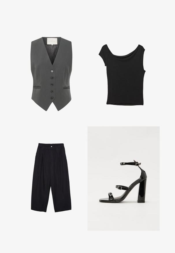 Siva jopica z oblikom V-izreza, ki ima šest gumbov, dva žepa in gladko teksturo. Narejena iz krojenega blaga za strukturiran fit.; Črna kratka majica s kratkimi rokavi iz gladkega blaga; ima drapiran izrez in asimetrično spodnjo rob, s prilegnjenim telesom.; Črne poliesterske culotte hlače z elastičnim pasom, dvema sprednjima nabiranjema in ohlapnim krojem. Brez vidnih vzorcev ali kovinskih detajlov.; Črne lakirane sandale s peto, kvadratnim prstom, trakovi okrog gležnja in srebrnimi zaponkami. Opremljene so s stabilno Debelo peto.