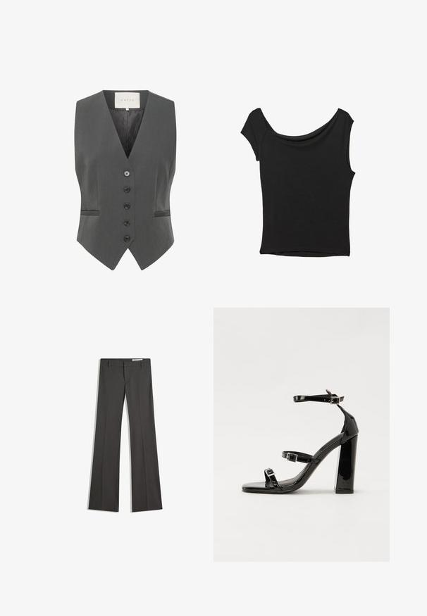 Graue Weste mit V-Ausschnitt, die sechs Knöpfe, zwei Taschen und eine glatte Textur aufweist. Hergestellt aus maßgeschneideter Stoff für eine strukturierte Passform.; Schwarzes Kurzarmoberteil aus glattem Stoff; hat einen drapierten Ausschnitt und einen asymmetrischen Saum, mit einem figurbetonten Körper.; Graue weit ausgestellte Hosen aus einem glatten Stoff, mit flachem Frontbereich, Gürtelschlaufen und einem maßgeschneiderten Design mit klaren Linien.; Schwarze patentierte Sandalen mit Absatz, quadratischer Spitze, Knöchelriemen und silbernen Schnallen. Mit einem stabilen Blockabsatz für mehr Stabilität.