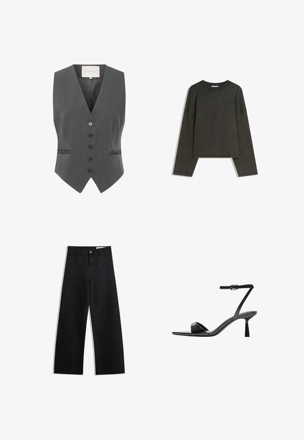 Grå vest med V-hals-design, der har seks knapper, to lommer og en glat tekstur. Fremstillet af skræddersyet stof for en struktureret pasform.; Mørkegrå langærmet top lavet af bomuldsblanding. Kasseformet med en rund halsudskæring og sænkede skuldre, med synlige syninger.; Sorte wide-leg denim bukser med høj talje, der har front- og baglommer, syede sømme og en knaplukning. Glat tekstur.; Bershka Højhælede sandaletter / Højhælede sandaler - black