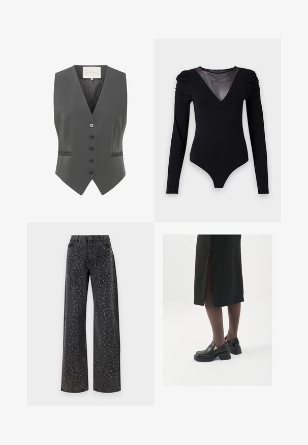 Graue Weste mit V-Ausschnitt, die sechs Knöpfe, zwei Taschen und eine glatte Textur aufweist. Hergestellt aus maßgeschneideter Stoff für eine strukturierte Passform.; Schwarzer Body mit langen Ärmeln, ausgestattet mit einem Mesh-V-Ausschnitt und gerafften Schultern. Glattes Material mit taillierter Passform.; Noisy May NMJANNEL LOOSE - Jeans Relaxed Fit - black denim; Schwarze Lederschuhe mit abgerundetem Zeh, dicker Blockabsatz und elastischen seitlichen Akzenten, kombiniert mit dunklen Strumpfhosen und einem schwarzen Rock mit Schlitz.