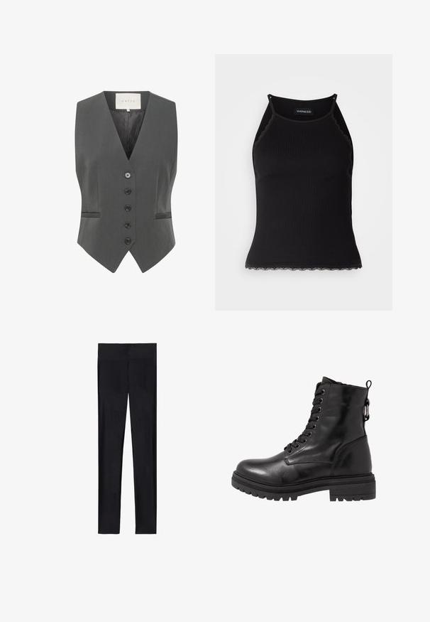 Graue Weste mit V-Ausschnitt, die sechs Knöpfe, zwei Taschen und eine glatte Textur aufweist. Hergestellt aus maßgeschneideter Stoff für eine strukturierte Passform.; Schwarzes, geripptes Tanktop mit gewellten Spitzenabschluss am Saum. Mit dünnen Trägern und einer figurbetonten Passform. Hergestellt aus dehnbarem Material.; Schwarze Leggings aus dehnbarem Material; mit glatter Textur, ganzlänglichem Design und elastischem Bund ohne sichtbare Nähte.; Schwarze Leder-Stiefelette mit runder Zehenpartie, Schnürung vorne und strukturiertem Gummi-Sohle. Verfügt über eine Zuglasche hinten und verstärkte Nähte.