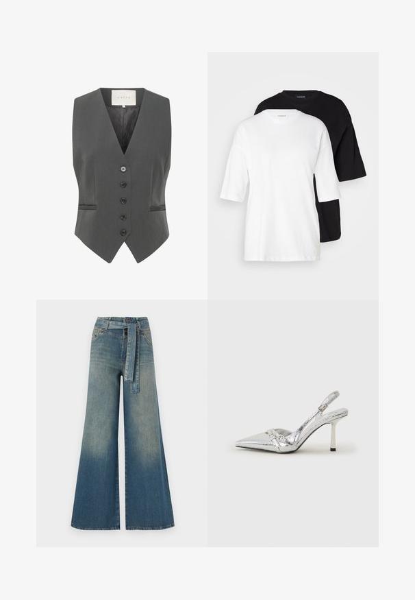 Grå väst med V-ringad design, med sex knappar, två fickor och en slät yta. Tillverkad av skräddarsytt tyg för en strukturerad passform.; Två t-shirts med kort ärm, en vit och en svart, gjorda av bomull. Har en rund halsringning och en lös, avslappnad passform med en slät textur.; Breda denimbyxor med en ljus till mörkblå gradient, hög midja, bälteshällor och ett matchande tygbälte. Texturerad denimfinish.; Silver slingback högklackad sko med spetsig tå, metallisk finish, två dekorativa remmar och en smal klack med svart spets.