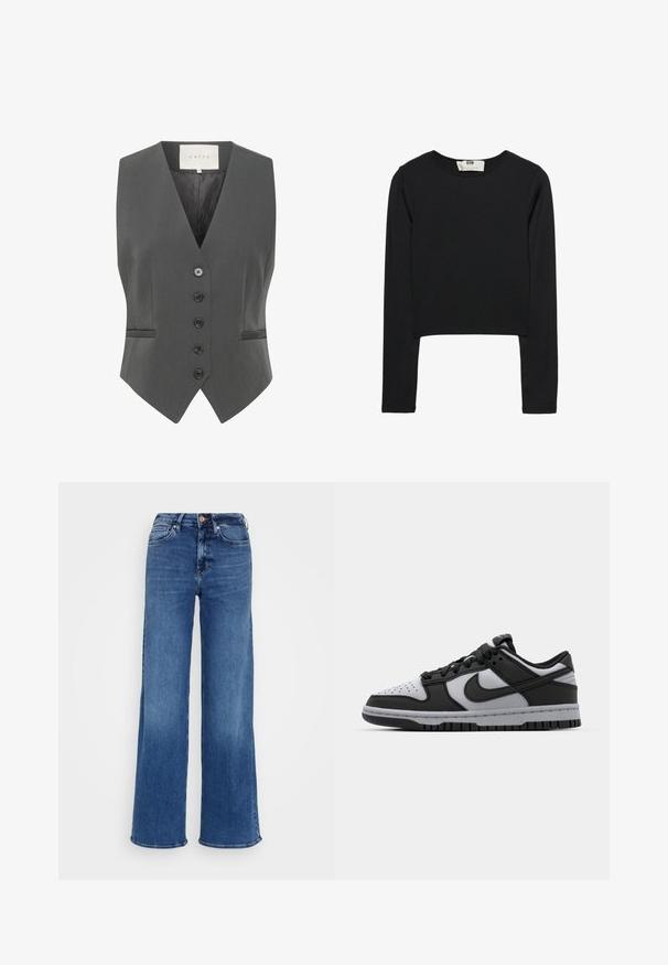 Siva jopica z oblikom V-izreza, ki ima šest gumbov, dva žepa in gladko teksturo. Narejena iz krojenega blaga za strukturiran fit.; Črn dolg rokav skrajšan top iz lahkega blaga, s krožnim izrezom in prilegnjeno silhueto, s čistimi šivi in brez okrasitev.; Svetlo modri visokotlačni traper hlače širokih nogavic, z gumbom in zadrgo, ter sprednjimi in zadnjimi žepi, na enostavni svetlo sivi podlagi.; Črne in sivo Nike Dunk nizke superge z perforiranim prstom, gladkimi usnjenimi detajli in gumijastim podplatom z teksturiranim vzorcem.