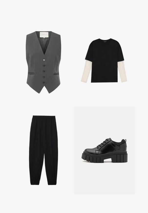 Grijze vest met een V-hals ontwerp, uitgerust met zes knopen, twee zakken en een gladde textuur. Gemaakt van op maat gemaakt stof voor een gestructureerde pasvorm.; Zwarte T-shirt van katoen, met korte mouwen over een witte lange mouw laag met een subtiel textuurpatroon. Ronde hals ontwerp.; Zwarte, lichte broek met een elastische tailleband en gathered enkels. De stof is glad en heeft een ontspannen, taps toelopend ontwerp.; Zwarte leren platform schoenen met een stevige blokhak, ronde neus en een traditionele vetersluiting. Kenmerkt zich door een gladde textuur en minimale details.