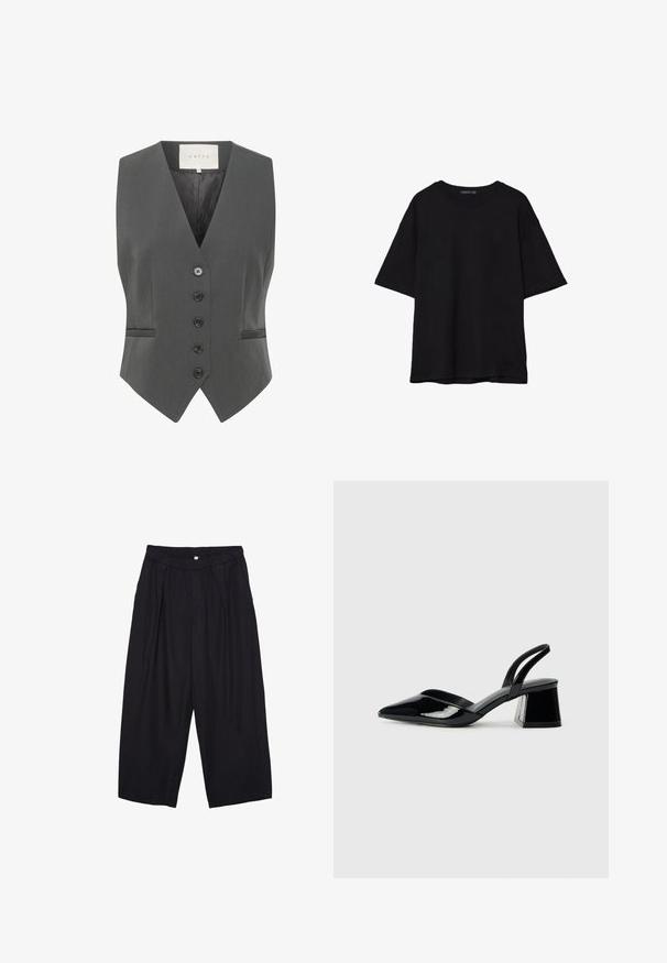 Šedá vesta s výstřihem do V, disponující šesti knoflíky, dvěma kapsami a hladkým povrchem. Vyrobena z přizpůsobené látky pro strukturovaný střih.; Černé bavlněné tričko s volným střihem, krátkými rukávy, zaobleným výstřihem a hladkou texturou. Bez viditelných vzorů nebo akcentů.; Černé polyesterové culotte kalhoty s elastickým pasem, dvěma předními sklady a volným siluetou. Žádné viditelné vzory ani kovové detaily.; Černé lakované kožené lodičky na pásku s špičatou špičkou a geometrickým blokovým podpatkem. Vyznačují se elegantním, minimalistickým designem a hladkým povrchem.