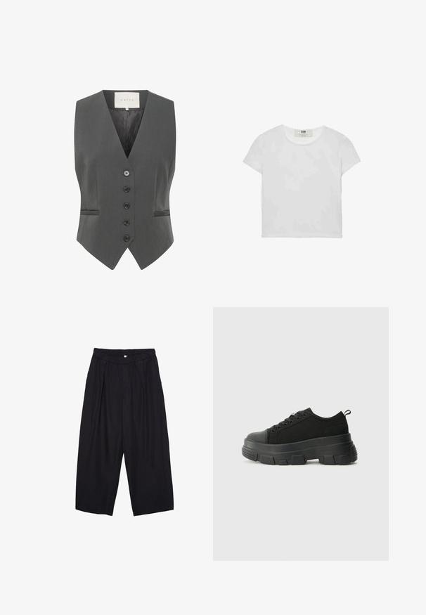 Graue Weste mit V-Ausschnitt, die sechs Knöpfe, zwei Taschen und eine glatte Textur aufweist. Hergestellt aus maßgeschneideter Stoff für eine strukturierte Passform.; Weißes T-Shirt mit kurzen Ärmeln und Rundhalsausschnitt, aus weicher Baumwolle gefertigt, mit einem schlichten, sauberen Design ohne sichtbare Muster oder Akzente.; Schwarze Polyester-Culotte mit einem elastischen Bund, zwei vorderen Falten und einer lockeren Silhouette. Keine sichtbaren Muster oder Hardware-Details.; Schwarze Sneakers mit einer dicken Gummisohle, strukturiertem Obermaterial, runder Zehenpartie und Schnürdesign. Verfügt über verstärkte Ösen und eine Schlaufe an der Rückseite.