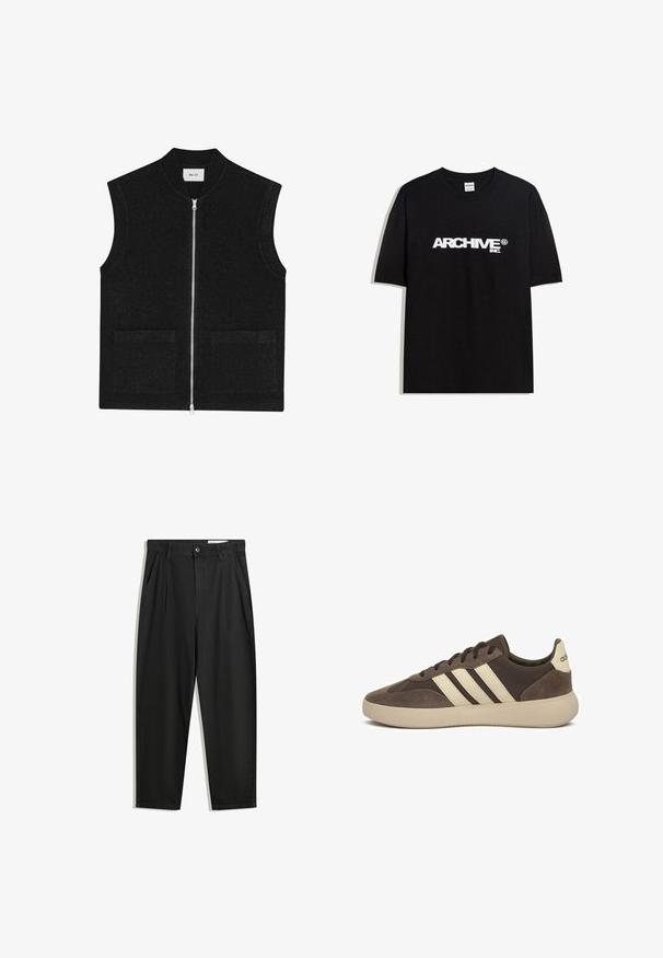 NN.07 BOILED - Veste sans manches - black; T-shirt en coton noir avec un logo blanc "ARCHIVE inc." sur la poitrine, manches courtes et col rond.; Pantalon en coton noir avec une coupe décontractée, dotés d'une taille classique, de plis à l'avant et de poches latérales. Texture lisse sans motifs.; Baskets en suède marron avec trois bandes blanches, bout arrondi, semelle en caoutchouc épaisse et branding minimaliste sur le talon.