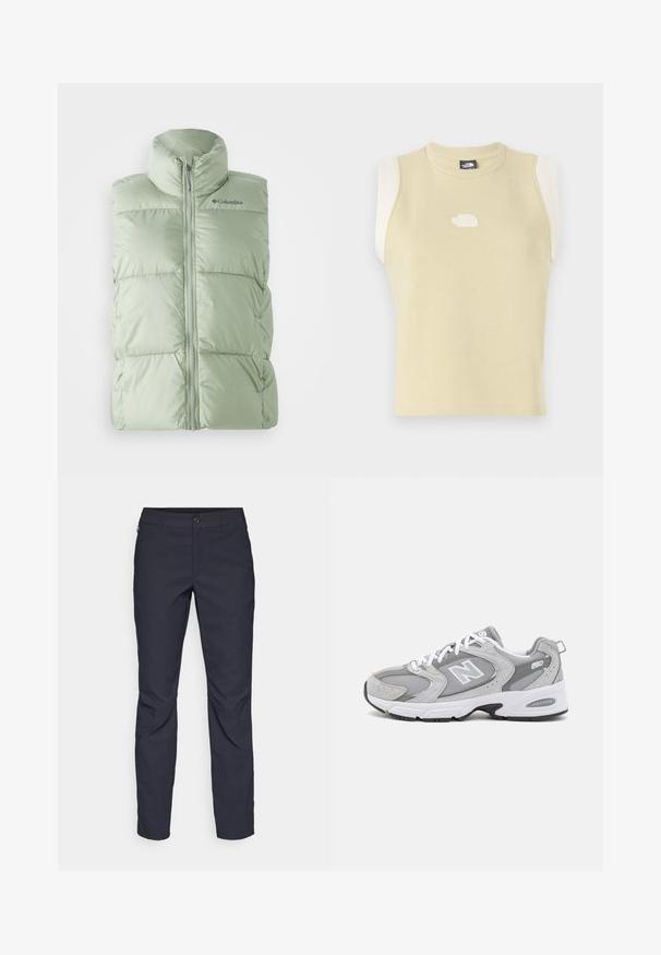 Lysegrønn, luftig ermeløs vest med høy krave, glidelås foran og en subtil rutete tekstur. Logo på øvre venstre bryst.; Ermeløs topp i pastellgul bomull med rund hals. Har kontrasterende kremfargede skulderpaneler og en teksturert logo på brystet.; Marineblå bukser laget av glatt stoff, med frontknappelukking, slim-fit design og pressede detaljer ved knærne.; Grå treningssko med overdel i mesh og semsket skinn, hvite lisser og svart yttersåle. Har et fremtredende "N"-logo og polstret krage.
