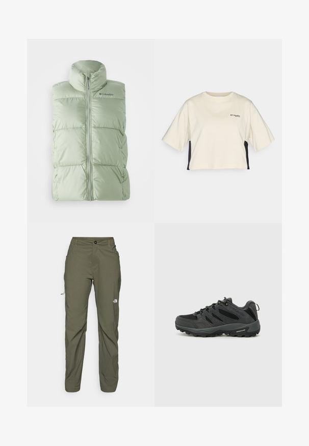 Helles grünes, puffy ärmelloses Weste mit hohem Kragen, Reißverschluss vorne und einer subtilen karierten Textur. Logo auf der oberen linken Brust.; Cremfarbendes, kurzes T-Shirt mit Rundhalsausschnitt, kurzen Ärmeln und schwarzen Seitenpanelen; verfügt über ein kleines schwarzes Logo auf der Brust.; The North Face EXPLORATION PANTS - Outdoor-Hose - new taupe green; Columbia REDMOND - Hikingschuh - black/citron haze