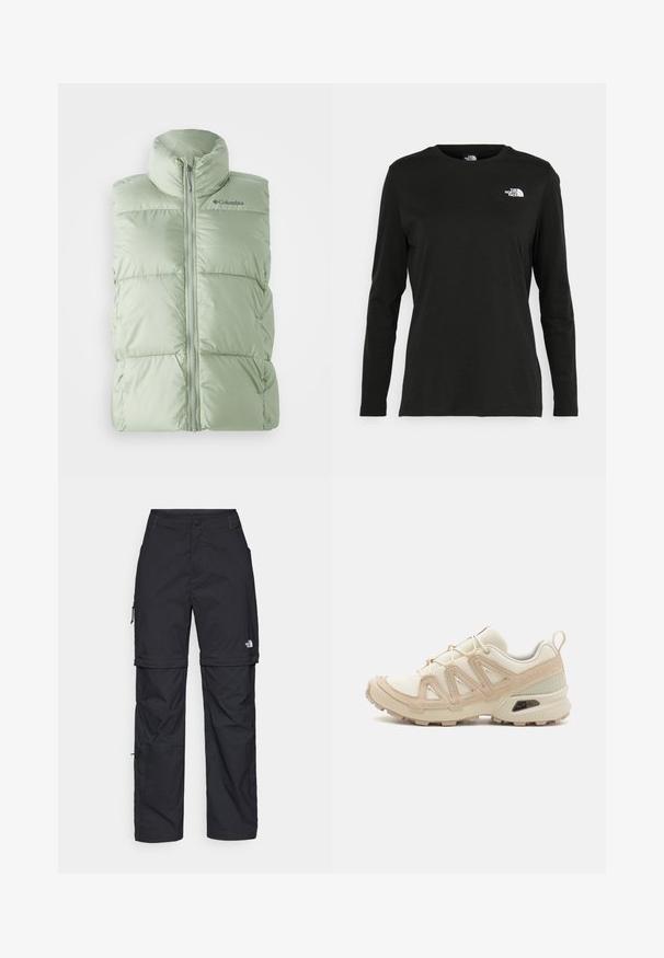 Light green, puffy sleeveless vest with a high collar, front zipper, and a subtle checkered texture. Logo on upper left chest.; Black long-sleeve t-shirt made of cotton with a round neck. Features a small white logo on the left chest area. Simple design and fit.; Black nylon zip-off cargo trousers with adjustable cuffs, multiple pockets, and a logo on the right leg. Smooth, lightweight texture.; Beige and cream athletic shoe with textured mesh upper, supportive overlays, and rubber outsole featuring a tread pattern for traction.