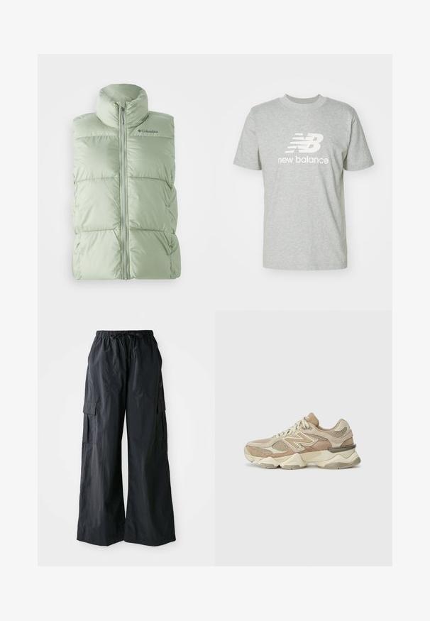 Lichtgroene, puffy mouwloze vest met een hoge kraag, een rits aan de voorkant en een subtiele geruite textuur. Logo aan de bovenkant van de linkerborst.; Lichtgrijs katoenen T-shirt met korte mouwen, ronde hals en een prominent weergegeven wit "New Balance" logo op de voorkant.; Zwarte cargobroek van lichtgewicht stof, met een wijd ontwerp, elastische tailleband en meerdere zijzakken. Eenvoudig en functioneel.; Beige sport sneakers van gaas- en suede materialen, met een ronde neus, dikke zool en opvallende reflecterende accenten aan de zijkant.