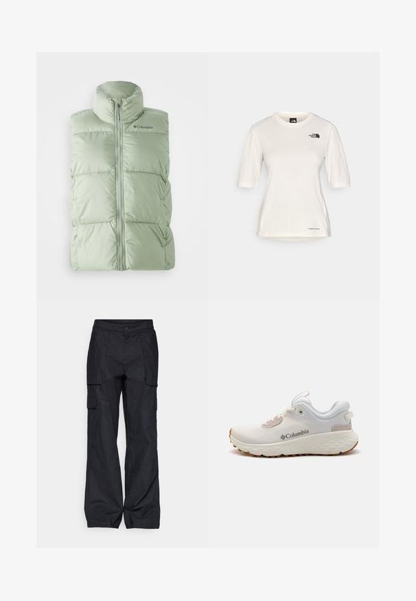 Gilet senza maniche verde chiaro, gonfio, con colletto alto, zip frontale e una sottile texture a quadretti. Logo sul lato sinistro del petto.; The North Face SHADOW SHORT SLEEVE - T-Shirt sport - white dune; Columbia BREA FALLS™ COTTON RIPSTOP PANT - Pantaloni outdoor - black; Scarpa atletica leggera Columbia in rete bianca con suola grigia testurizzata e trazione in gomma. Presenta un colletto imbottito e un design con lacci.