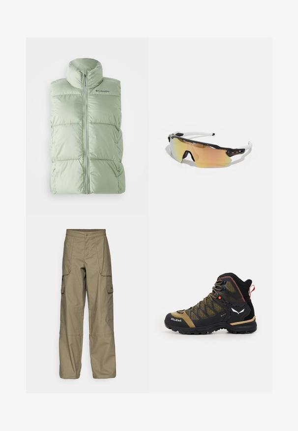 Vaaleanvihreä, paksu, hihaton liivi, jossa on korkea kaulus, etuvetoketju ja hienovarainen ruutukuvio. Logo vasemmassa ylärinnassa.; Musta puuvillahihaton t-paita, jossa on pyöreä kaula-aukko ja lyhyet hihat. Huomattava valkoinen logo vasemmassa yläkulmassa. Sujuva kangas ja rento leikkaus.; Vihreät cargo-housut, joissa on väljä malli, useita sivutaskuja ja nappikiinnitys vyötäröllä. Silkkinen pinta.; Kävelykengät mid-korkeudella mustana ja oliivinvihreänä, joissa on verkkokangas yläosa, kumipohja ja teksturoituja yksityiskohtia takana olevaan vetotikkuun.; Auringonlaskulasit, joissa on musta-valkoinen kehys, isot peilipinnat kultaisina ja vaaleanpunaisina sävyinä, aerodynaaminen muotoilu ja pidennetty ulkorimma.