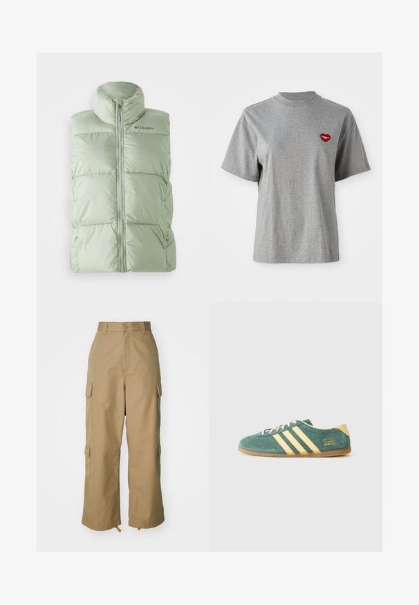 Svetlozelená, nadýchaná bezrukávová vesta s vysokým golierom, predným zipsom a jemnou kockovanou textúrou. Logo na hornej ľavej strane hrudníka.; Sivé tričko s krátkymi rukávmi a okrúhlym výstrihom, na ľavej hrudi s malou červenou nášivkou v tvare srdca s nápisom "Carhartt WIP."; béžové cargo nohavice s vysokým pásom, širokými nohavicami a štyrmi veľkými bočnými vreckami. Vyrobené z odolnej tkaniny s hladkou textúrou a minimálnymi detailmi.; Zelené semišové topánky s žltými akcentmi a tromi pruhmi. Okrúhla špička, plochá gumená podrážka a výrazné logo značky na boku.