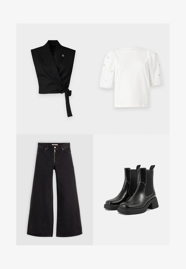 Black wrap top with a pinstripe pattern, featuring wide lapels, a tied waist, and a gold accent pin on the left side.; White cotton t-shirt with short puff sleeves, featuring small silver embellishments along the sleeves. Classic round neckline, relaxed fit.; Wide-leg jeans in black denim with a zippered front, five-pocket design, and subtle stitching details. Smooth texture and casual style.; Black leather Chelsea boots with a chunky heel, elastic side panels, and contrasting white stitching. Textured finish.