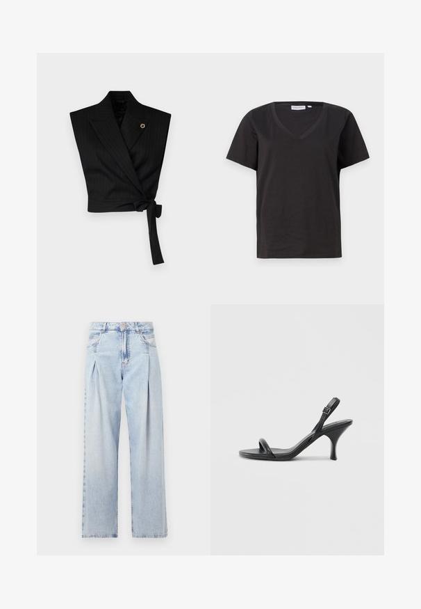 Black wrap top with a pinstripe pattern, featuring wide lapels, a tied waist, and a gold accent pin on the left side.; Black cotton T-shirt with a V-neck and short sleeves. Simple design with a regular fit and no patterns or accents.; Light blue denim jeans with a high waist, wide-leg cut, two side pockets, and pleated design feature. Soft texture with a faded finish.; Black leather high-heeled sandals with a slim, curved heel and a crossed strap design. Adjustable ankle strap. Smooth texture.