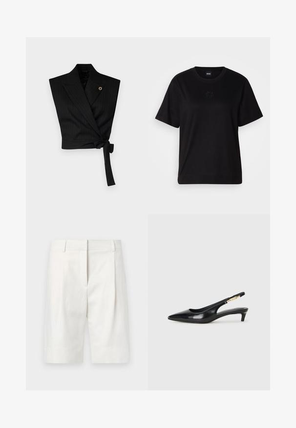 Svart innpakningsbluse med stripemønster, med brede slag, knyttet midje og en gullfarget nål på venstre side.; Svart bomull T-skjorte med rund hals, korte ermer og et brodert logo på brystet. Enkel, avslappet passform uten mønstre.; Lyse fargede skreddersydde shorts laget av bomull, med flat front, folder og rett kutt. Glatt tekstur med en klassisk finish.; Sorte lærreim hæler med spiss tå, som har en slank hæl og en gullfarget detalj på den justerbare stroppen. Glatt tekstur.