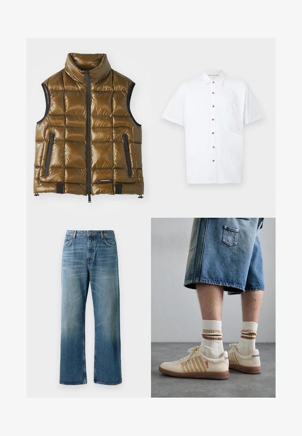 Padded vest in metallic brown fabric with a high collar. Features zip pockets and a front zipper. Smooth texture, rectangle quilted design.; White short-sleeve shirt made of linen, featuring a button-front closure, a chest pocket, and wooden buttons for accents.; Light blue wide-leg jeans with a faded wash, featuring single-button closure, five pockets, and contrasting stitching.; Beige retro sneakers with brown rubber sole, featuring striped accents and embroidered logos. Worn with white socks, striped brown detail.