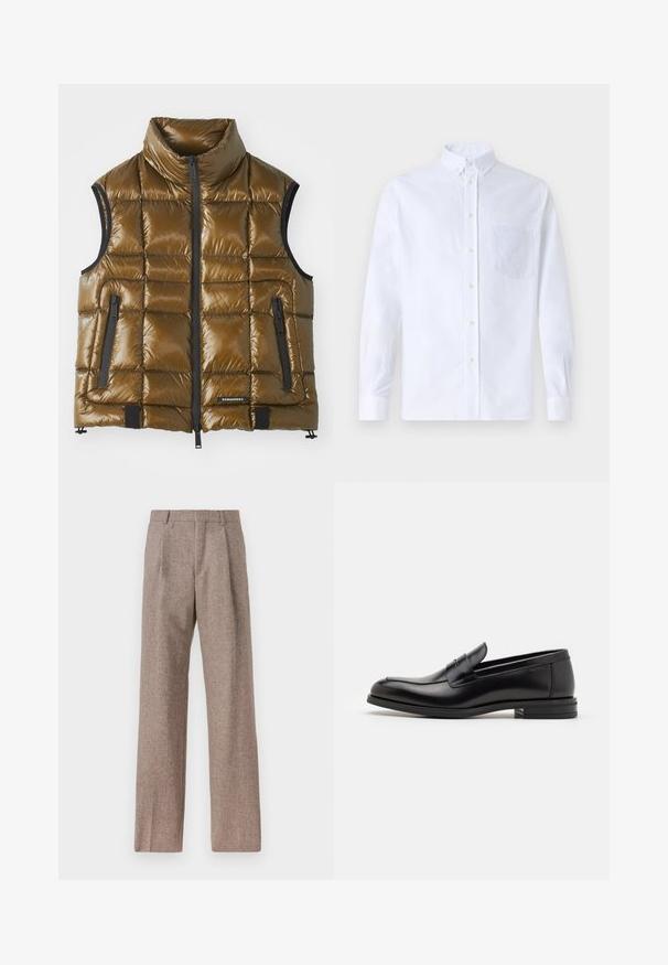 Gevoerde vest in metallic bruin stof met een hoge kraag. Voorzien van ritszakken en een voorkant met rits. Gladde textuur, rechthoekig gewatteerd ontwerp.; Witte lange mouwen overhemd van katoen, met een borstzak met tonale borduring, een kraag en knopenmanchetten.; Bruine, hooggewaisted broeken van een gestructureerde stof. Heeft wijde benen en twee voorplooien voor extra structuur. Net afgewerkt zonder zichtbare hardware.; Zwarte leren instappers met een gladde textuur, ronde neus en een decoratieve band over de wreef. Lage, gestapelde hak en minimalistisch ontwerp.