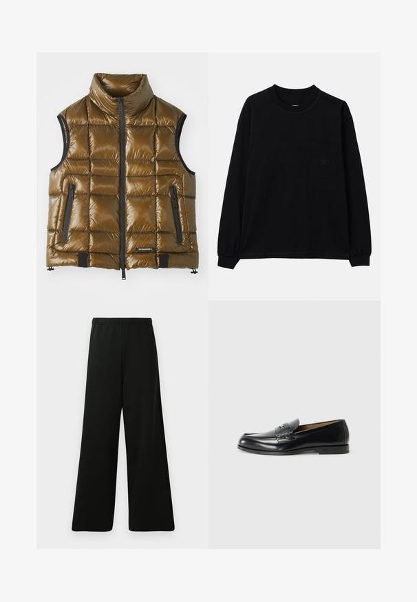 Pohodlná vesta z metalickej hnedé tkaniny s vysokým golierom. Obsahuje zipsové vrecká a predný zips. Hladký povrch, štvorcový prešívaný dizajn.; Čierne tričko s dlhým rukávom vyrobené z bavlny, s okrúhlym výstrihom, ľavou náprsné kapsou a elastickými manžetami. Minimalistický dizajn bez vzorov.; Čierne široké nohavice vyrobené z jemného materiálu. Majú elastický pás, hladkú textúru a jednoduchý, moderný dizajn bez vzorov.; Čierne kožené mokasíny s hladkým povrchom, okrúhlou špičkou, dekoratívnym prešívaním a malým kovovým akcentom na prednej strane.