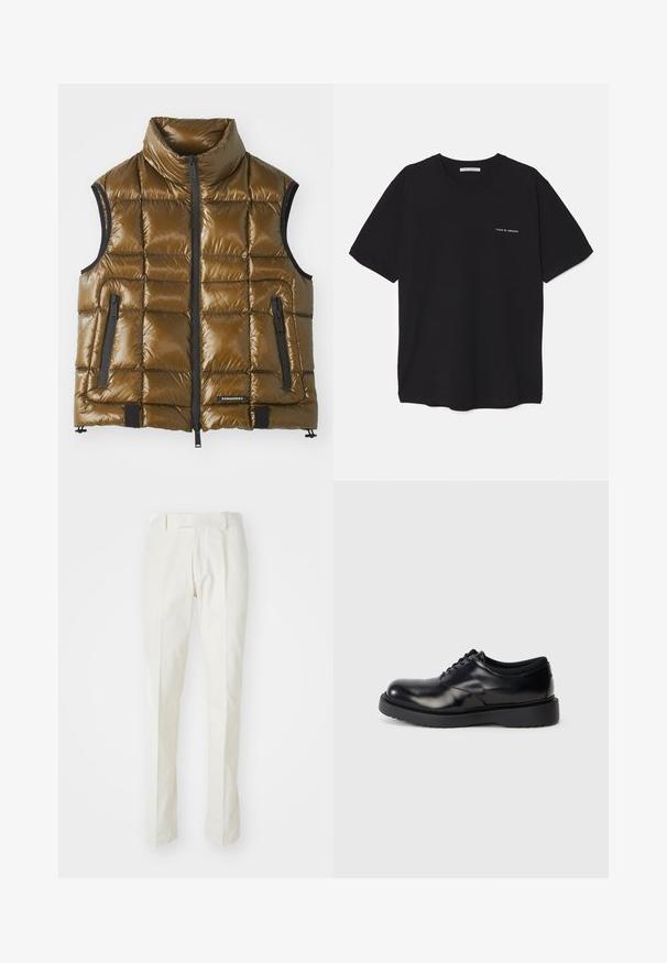 Gestepptes Weste aus metallisch braunem Stoff mit hohem Kragen. Verfügt über Reißverschlusstaschen und einen Frontreißverschluss. Glatte Textur, rechteckiges Steppmuster.; Schwarzes Baumwoll-T-Shirt mit Rundhalsausschnitt, kurzen Ärmeln und weißem Logodruck auf der linken Brust. Einfaches, einfarbiges Design.; Weiße Baumwollhosen mit geradem Bein, flachem Bund und ohne sichtbare Muster oder Metallelemente. Glatte Textur.; Schwarze Leder-Schnürschuhe mit abgerundeter Zehenpartie, glatter Oberfläche und einer dicken Gummisohle mit dezenten Rillen für besseren Halt.