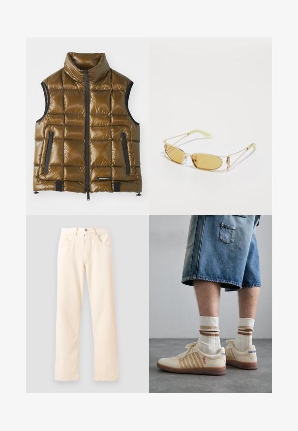 Chaleco acolchado en tejido marrón metálico con un cuello alto. Presenta bolsillos con cremallera y una cremallera frontal. Textura suave, diseño de acolchado rectangular.; Camiseta de algodón gris con un pequeño bordado de la cabeza de un zorro naranja sobre el lado izquierdo del pecho. Cuello redondo, mangas cortas y un ajuste clásico.; Jeans de mezclilla beige claro con un diseño de pierna recta, cinco bolsillos y cierre delantero de botón. Costuras visibles a lo largo de las costuras.; Zapatillas retro beige con suela de goma marrón, que presentan acentos a rayas y logotipos bordados. Llevadas con calcetines blancos, con detalle a rayas marrones.; Gafas de sol con tintado amarillo, con un marco dorado translúcido, forma rectangular delgada y brazos angulares con acentos de color verde claro.