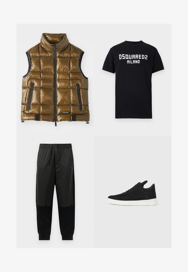 Gevoerde vest in metallic bruin stof met een hoge kraag. Voorzien van ritszakken en een voorkant met rits. Gladde textuur, rechthoekig gewatteerd ontwerp.; Zwart T-shirt met korte mouwen en witte tekst "DSQUARED2 MILANO" gecentreerd op de borst, ronde hals en rechte zoom.; Zwarte sportbroek met een combinatie van gladde en gestructureerde stoffen, elastische tailleband met trekkoord en taps toelopende boorden.; Zwarte suède sneakers met een witte rubberen zool, voorzien van tonale stiksels en een vetersluiting. Glad oppervlak met een moderne, gestroomlijnde vorm.
