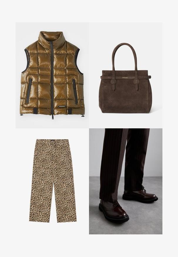 Pamušaluotas liemenė metaliniu rudu audiniu su aukštu apykakle. Yra užtraukiamieji kišeniai ir priekinis užtrauktukas. Lygus paviršius, stačiakampio formos siuvinys.; Balti medvilninė be rankovių marškinėliai su apvaliu iškirpimu, pasižymintys lygiu tekstūru ir prigludusia forma, skirti kasdieniam dėvėjimui.; YOURTURN UNISEX - Laisvo kirpimo džinsai - beige/black; Rudos odinės bateliai su raišteliais, blizgiu paviršiumi, juoda gumine absorbcija ir subtilia siūle. Dėvimi su rudos spalvos dryžuotomis kelnių.; Tamsiai ruda zomšinė rankinė su dviem rankenomis ir horizontaliu diržu, kuriame yra mažas auksinis DSQUARED2 logotipo ženklelis.