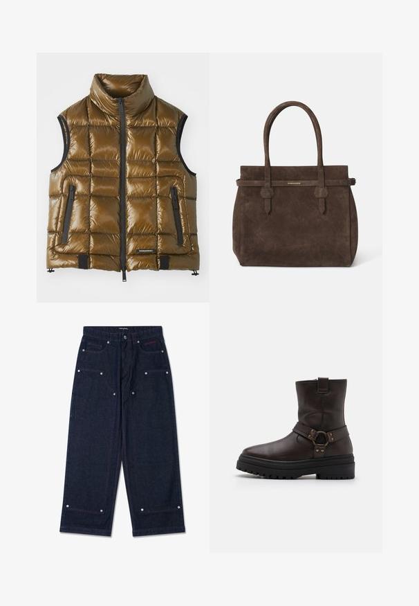 Pamušaluotas liemenė metaliniu rudu audiniu su aukštu apykakle. Yra užtraukiamieji kišeniai ir priekinis užtrauktukas. Lygus paviršius, stačiakampio formos siuvinys.; Balti medvilninė be rankovių marškinėliai su apvaliu iškirpimu, pasižymintys lygiu tekstūru ir prigludusia forma, skirti kasdieniam dėvėjimui.; Tamsaus džinsinio audinio plačios kojos kelnės su dviem priekinėmis kišenėmis, sidabriniais detalių akcentais ir kontrastinga raudona siūle. Sukurtos su mygtukų uždarymu ir prekės ženklo logotipu.; Ruda odinė kulkšnė batai su kvadratiniu pirštu, sagties akcentais ir storu juodu padu. Yra šoninis užtrauktukas ir tekstūruotas paviršius.; Tamsiai ruda zomšinė rankinė su dviem rankenomis ir horizontaliu diržu, kuriame yra mažas auksinis DSQUARED2 logotipo ženklelis.