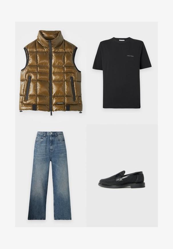 Ανατομικό γιλέκο από μεταλλικό καφέ ύφασμα με ψηλό γιακά. Διαθέτει τσέπες με φερμουάρ και μπροστινό φερμουάρ. Λείο υλικό, με τετράγωνη ραφή.; Μαύρο βαμβακερό T-shirt με στρογγυλή λαιμόκοψη, κοντά μανίκια και μικρό λευκό λογότυπο "TIGER OF SWEDEN" στο στήθος. Κλασική εφαρμογή.; Μπλε τζιν παντελόνι φαρδύς με ψηλή μέση, με διακριτική ξεθώριαση, πέντε τσέπες και μεταλλικό κουμπί κλεισίματος στο μπροστινό μέρος.; Μαύρο πλεκτό παπούτσι slip-on με λείο δερμάτινο στοιχείο στο άνω μέρος, στρογγυλή μύτη και χαμηλό καουτσούκ πάτο.