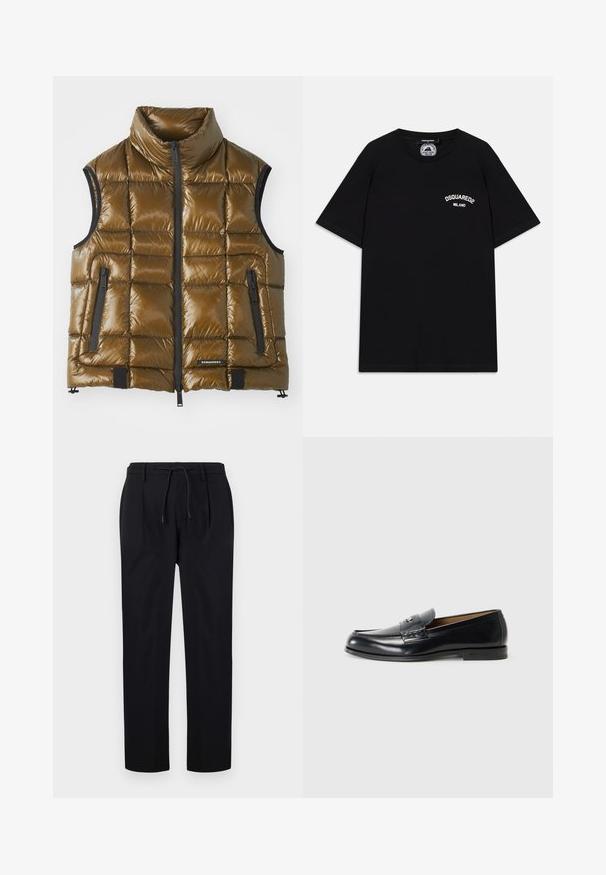 Gevoerde vest in metallic bruin stof met een hoge kraag. Voorzien van ritszakken en een voorkant met rits. Gladde textuur, rechthoekig gewatteerd ontwerp.; Zwarte katoenen T-shirt met korte mouwen, met een wit "DSQUARED2 MILANO" logo op de borst. Crew neck ontwerp, gladde textuur.; Zwarte broek van gladde stof, met een elastische tailleband, rechte pijpen en plooien aan de voorkant voor een gestructureerde uitstraling.; Zwarte leren loafers met een gladde afwerking, rond de teen, decoratieve stiksels en een kleine metalen accent op de voorkant.