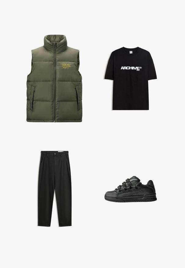 Ed Hardy - Kamizelka; Czarny bawełniany T-shirt z białym logo "ARCHIVE inc." na piersi, z krótkimi rękawami i okrągłym dekoltem.; Czarne bawełniane spodnie o luźnym kroju, z klasycznym pasem, przednimi plisy oraz bocznymi kieszeniami. Gładka struktura, bez wzorów.; Czarne sneakersy z gładką skórzaną cholewką, teksturowanymi akcentami i okrągłymi czarno-białymi sznurowadłami. Gruba gumowa podeszwa z wzorzystym bieżnikiem.