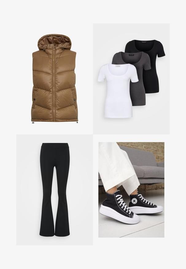 Rjav podložen telovnik s kapuco, z zadrgo spredaj, diagonalnim šivanim vzorcem in stranskimi žepi. Poliester, gladka tekstura.; Tri prilegla majica v beli, sivi in črni barvi. Vsaka ima širok izrez na vratu in kratke rokave. Narejene so iz gladkega, raztegljivega materiala.; Črne hlače s širokimi hlačnicami, izdelane iz raztegljive tkanine, z visokim pasom in gladko teksturo. Hlače se širijo od kolena navzdol.; Črne platnene visoke superge z belimi gumijastimi podplati in vezalkami. Imajo krožni logotip na strani in kontrastno bele šive.