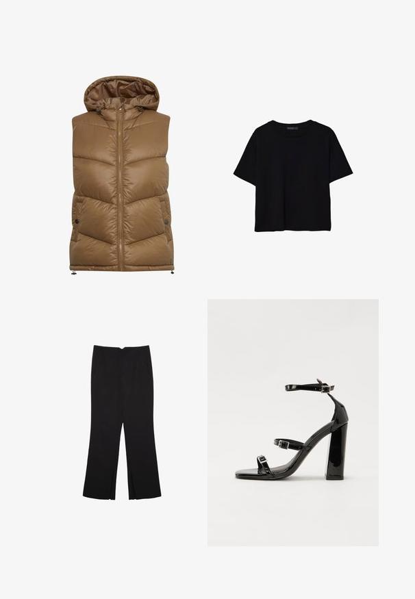 Smešani smešak smešak smešak smešak smešak heleniju podeb Elizabeth s hoda, koji se dugačak ispred zamijenio, dijagonalni šav, i rukave s bočne strane. Materijal od poliestera, glatka tekstura.; Crna majica kratkih rukava od pamuka. Ima okrugli izrez i labav kroj s glatkom, jednoličnom teksturom. Nema vidljivih uzoraka ili akcenta.; Crne hlače ravnog kroja, s prednjim džepovima i bočnim prorezima na rubu. Izrađene od mekog i glatkog materijala. Pogodne za razne prigode.; Crne lakirane sandale na pete sa kvadratnim nosom, trakama oko gležnja i srebrnim kopčama. Imaju čvrst blok petu za stabilnost.