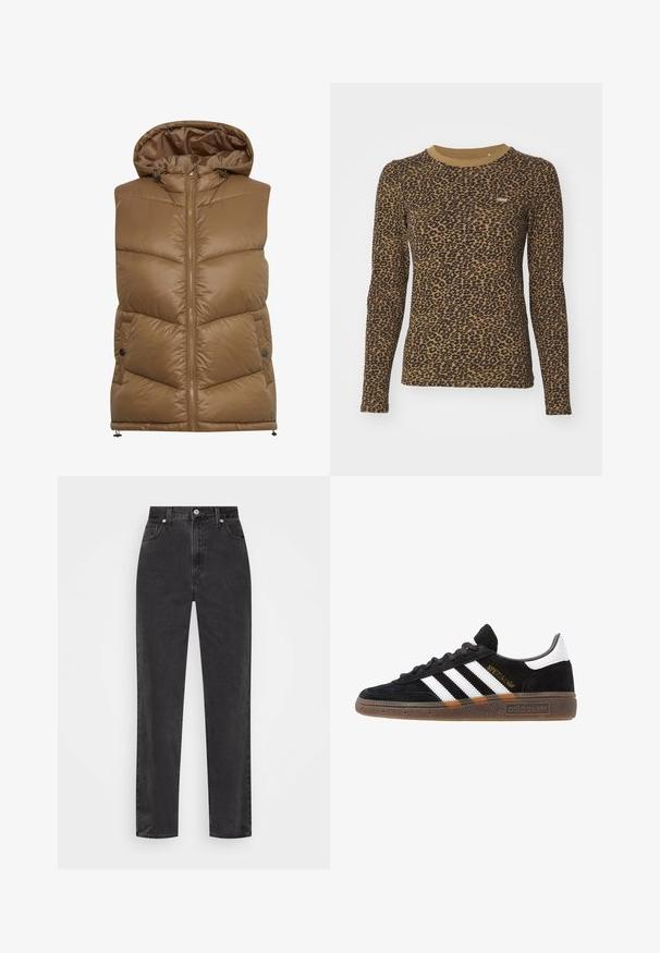Braune wattierte Weste mit Kapuze, mit einem Reißverschluss vorne, diagonalen Steppnähten und seitlichen Taschen. Aus Polyester, glatte Textur.; Braunes langärmeliges T-Shirt mit Leopardenmuster, Rundhalsausschnitt und leichtem Stretch. Kleines Logo-Label auf der Vorderseite.; Schwarze Denim-Jeans mit geradem Bein, hoher Taille, vorderem Knopf und Reißverschluss sowie fünf Taschen auf weißem Hintergrund.; Schwarzer Adidas Sneaker mit weißen Streifen, goldenem "Spezial"-Text, Gummisohle und weißem Fersenbereich, seitliche Ansicht.