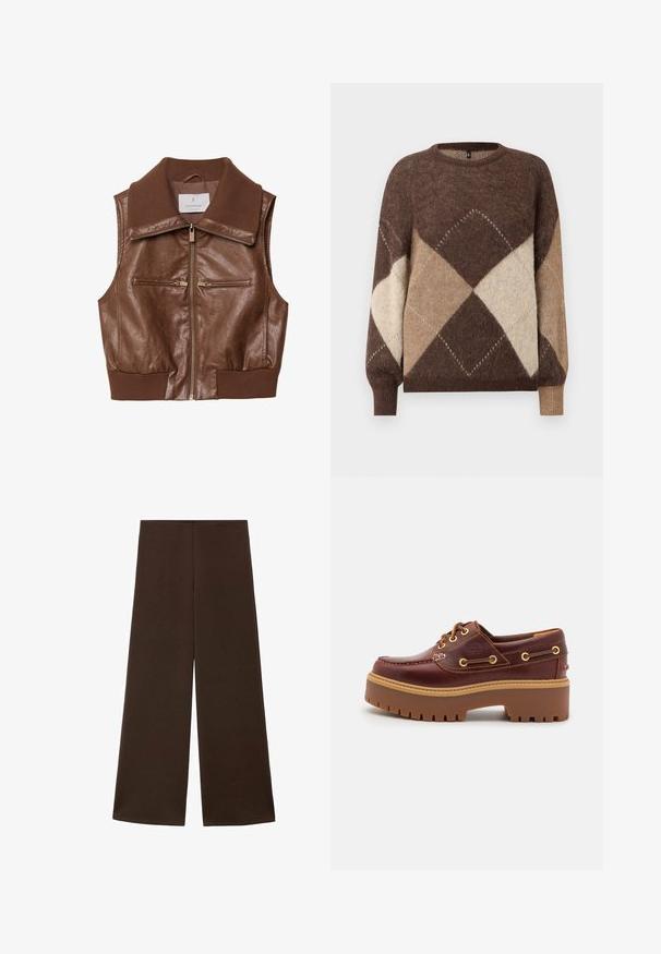 Hnědá kožená bezrukávová vesta s žebrovaným límcem a spodním okrajem, přední zip a dvě vodorovné kapsy na hrudi se zipem.; Hnědý a béžový svetr s argyle vzorem, pletený s dlouhými rukávy a žebrovanými manžetami, na bílém pozadí.; Kalhoty s širokými nohavicemi vyrobené z hladkého tmavě hnědého materiálu. Mají vysoký pas a minimalistický design bez ozdob.; Hnědé kožené boty na lodi s robustní hnědou gumovou podrážkou, zlatými očky a kontrastním prošíváním. Na boku se nachází logo.