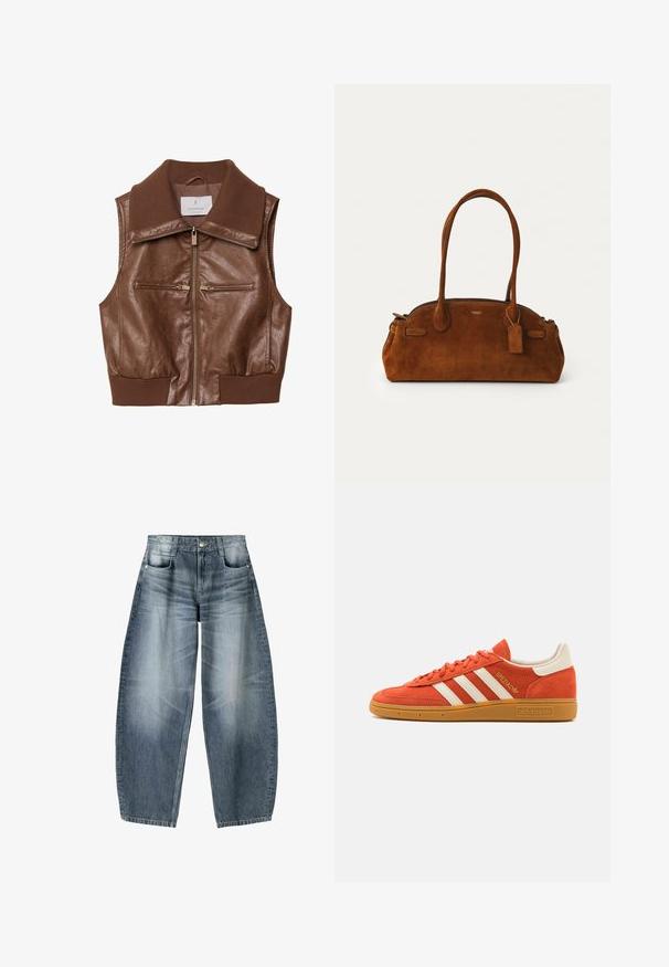 Rjav usnjen brezrokavnik z rebrastim ovratnikom in robom, sprednjim zadrgo in dvema horizontalnima žepoma z zadrgo na prsih.; Bela kratka majica s kratkimi rokavi, okroglim izrezom in sproščenim krojem. Izdelana iz gladkega materiala, z diskretno teksturo in čistimi črtami.; Široke kavbojke iz svetlo modrega denima s postopnim zbledeljem, z zasnovo petih žepov, gumbom za zapiranje in minimalnimi podrobnostmi šivanja.; Oranžni semiš tenisači z belimi usnjenimi detajli, z značilnimi tremi belimi črtami in gumijastim podplatom. "Spezial" logotip na jeziku.; Rjava semiš torbica z dvema zaobljenima ročkama, zlatim okovi, majhno oznako in gladkim zadrgo za zapiranje. Ima subtilne šive.