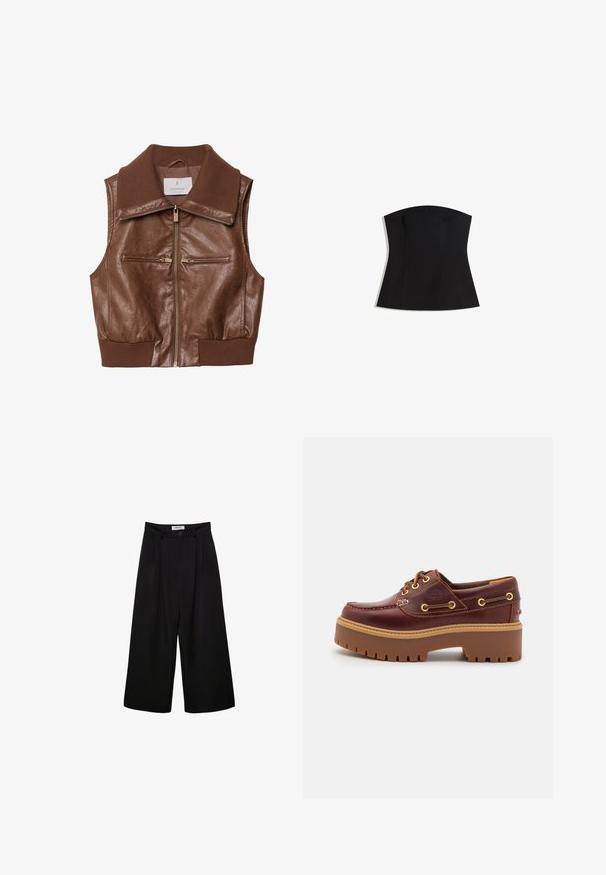 Hnědá kožená bezrukávová vesta s žebrovaným límcem a spodním okrajem, přední zip a dvě vodorovné kapsy na hrudi se zipem.; Černý top bez ramínek s přiléhavým střihem, hladkou texturou a širokým výstřihem. Obsahuje záševky pro tvarování a má čistý, minimalistický design.; Černé široké kalhoty s vysokým pasem, skladbou v přední části a zapínáním na knoflík. Vyrobené z hladkého materiálu s precizním střihem.; Hnědé kožené boty na lodi s robustní hnědou gumovou podrážkou, zlatými očky a kontrastním prošíváním. Na boku se nachází logo.