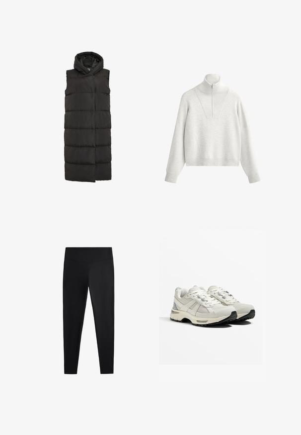 Černá bezrukávová péřová vesta s vysokým límcem, se šikmými prošívanými částmi a předním zipem. Hladký, izolační textilní materiál.; Světle šedá mikina s vysokým límcem, která má půlzip a žebrovanou strukturu. Kostičkový tvar s kleslými rameny a strukturovaným designem.; Černé legíny vyrobené z hladkého, elastického materiálu. Mají široký pas a zúžený střih nohavic, vhodné pro aktivní nebo volnočasové nošení.; Lehké běžecké boty v béžové a šedé barvě. Síťovina na svršku, gumová podrážka, tkaničky s vyztuženými očky a texturovaný akcent na patě.