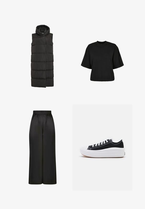 Schwarze ärmellose Steppweste mit hohem Kragen, einschließlich horizontaler gesteppter Abschnitte und einem Reißverschluss vorne. Glatte, isolierte Stofftextur.; Schwarzes, kurz geschnittenes T-Shirt aus Baumwolle. Hat kurze Ärmel und einen runden Halsausschnitt. Glatte Textur mit einem schlichten Design, ohne zusätzliche Muster.; Schwarze, weit geschnittene Hosen aus glattem, glänzendem Stoff mit elastischem Bund und ohne sichtbare Taschen oder Metallteile.; Schwarze Canvas-Sneaker mit weißen Schnürsenkeln, weißer Gummikappe und einer massiven weißen Zwischensohle. Besondere Merkmale sind dezente weiße Nähte und eine Gummisohle.