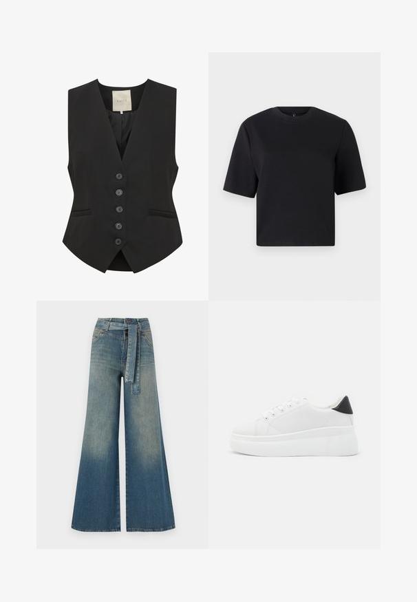 Gilet nero con scollatura a V, chiusura frontale con cinque bottoni, due tasche laterali e una vestibilità sartoriale. Realizzato in tessuto liscia. Etichetta con la scritta "KAFFE."; T-shirt nera a maniche corte, colletto rotondo, realizzata in cotone liscio; vestibilità rilassata, design minimale, senza motivi o accenti visibili.; Pantaloni in denim a gamba larga con una sfumatura che va dal blu chiaro al blu scuro, vita alta, passanti per cintura e una cintura in tessuto coordinato. Finitura in denim strutturato.; Sneakers platform bianchi realizzati in materiale sintetico liscio, con punta arrotondata, design con lacci e suola in gomma texture. Accento nero nel tallone.