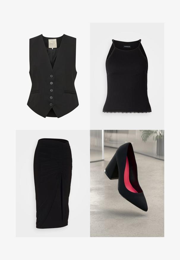 Crna prsluk s V-izrezom, prednjim zatvaranjem na pet dugmadi, dva bočna džepa i krojem koji slijedi liniju tijela. Napravljen od glatkog materijala. Oznaka označena "KAFFE."; Crna ženska majica bez rukava s rebrastim uzorkom i čipkastim obrubom na donjem dijelu. Ima tanke naramenice i prilagođen dizajn. Izrađena od rastezljivog materijala.; Crna, nabrana suknja olovka s detaljem vezanja i bočnim prorezom. Izrađena od rastezljivog materijala, s glatkom teksturom i prilagođenim dizajnom.; Crna visoka potpetica s oštrim vrhom, teksturiranom površinom i živopisnom ružičastom unutrašnjošću. Ima masivnu potpeticu s srebrnim detaljem.