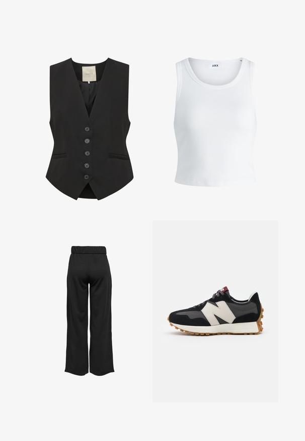 Black vest with a V-neckline, five-button front closure, two side pockets, and a tailored fit. Made from smooth fabric. Tag labeled "KAFFE."; White ribbed tank top featuring a round neckline, sleeveless design, and a cropped length. Label reads "JJXX." Smooth fabric texture.; Black, wide-leg pants with an elastic waistband, made from smooth fabric. Features a clean design with no pockets or visible stitching details.; Black and gray suede sneaker with a large cream-colored "N" logo, purple laces, and a textured gum rubber outsole.