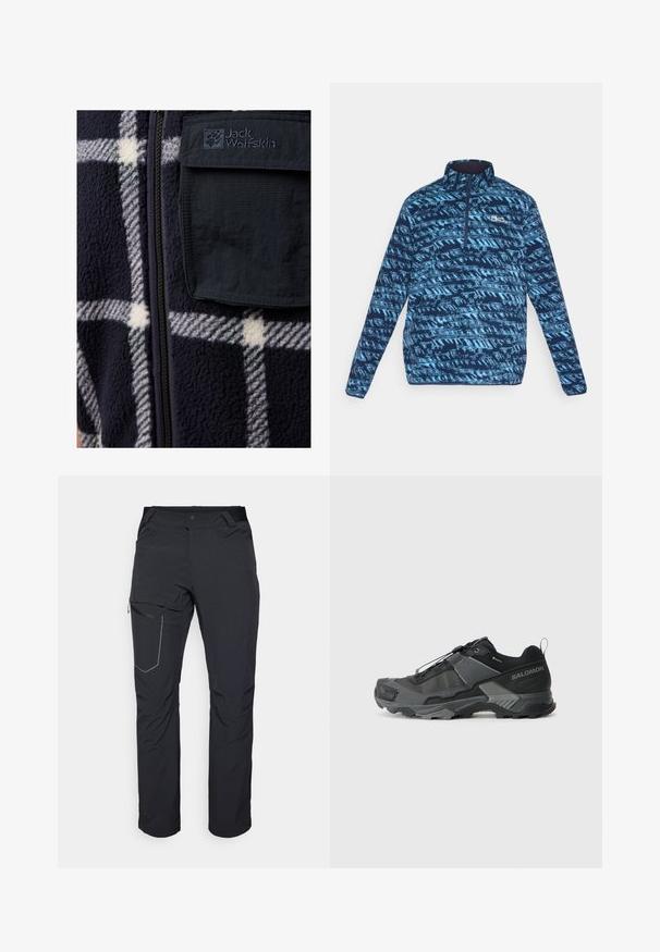 Marineblaue Fleeceweste mit weißem Karomuster, Reißverschluss vorne und schwarzen Nylon pockets. Mit Logo-Patch und weichem, strukturiertem Stoff.; Jack Wolfskin BIG SKY - Fleecepullover - midnight sky; Schwarze Outdoor-Hosen mit einem Reißverschlusstaschen an den Oberschenkeln, elastischem Bund und glattem, wasserabweisendem Stoff. Sauberes Design ohne sichtbare Logos.; Schwarzer Trailrunning-Schuh mit einem robusten Mesh-Obermaterial, verstärkter Zehenkappe, strukturierten Gummisohle und elastischem Schnürsystem für einen sicheren Sitz.