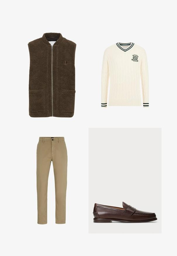 Brun fleeceväst med hög krage, framdragkedja och två sidofickor. Texturerat material med en mjuk, plyschig finish.; Krämfärgad kabelstickad tröja med V-ringning, med gröna randiga muddar och en broderad logotyp på bröstet. Mjuk textur och figurnära design.; Beiga bomullschinos med slim passform, platt front och knappstängning. Har bälteshällor och sidofickor för funktionalitet.; Mörkbrun läderpenny loafer med låg klack, sydd moc toe och remdetail på ovansidan, uppställd mot en vit bakgrund.